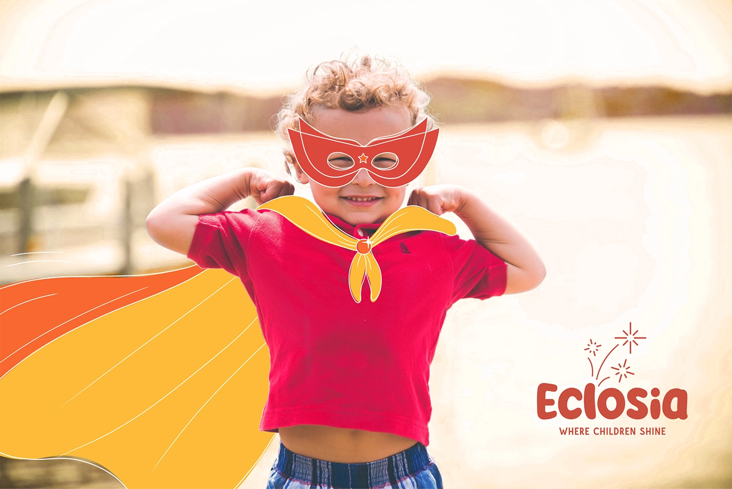 Graphic design of Eclosia's school representing a smiling child dressed as superhero